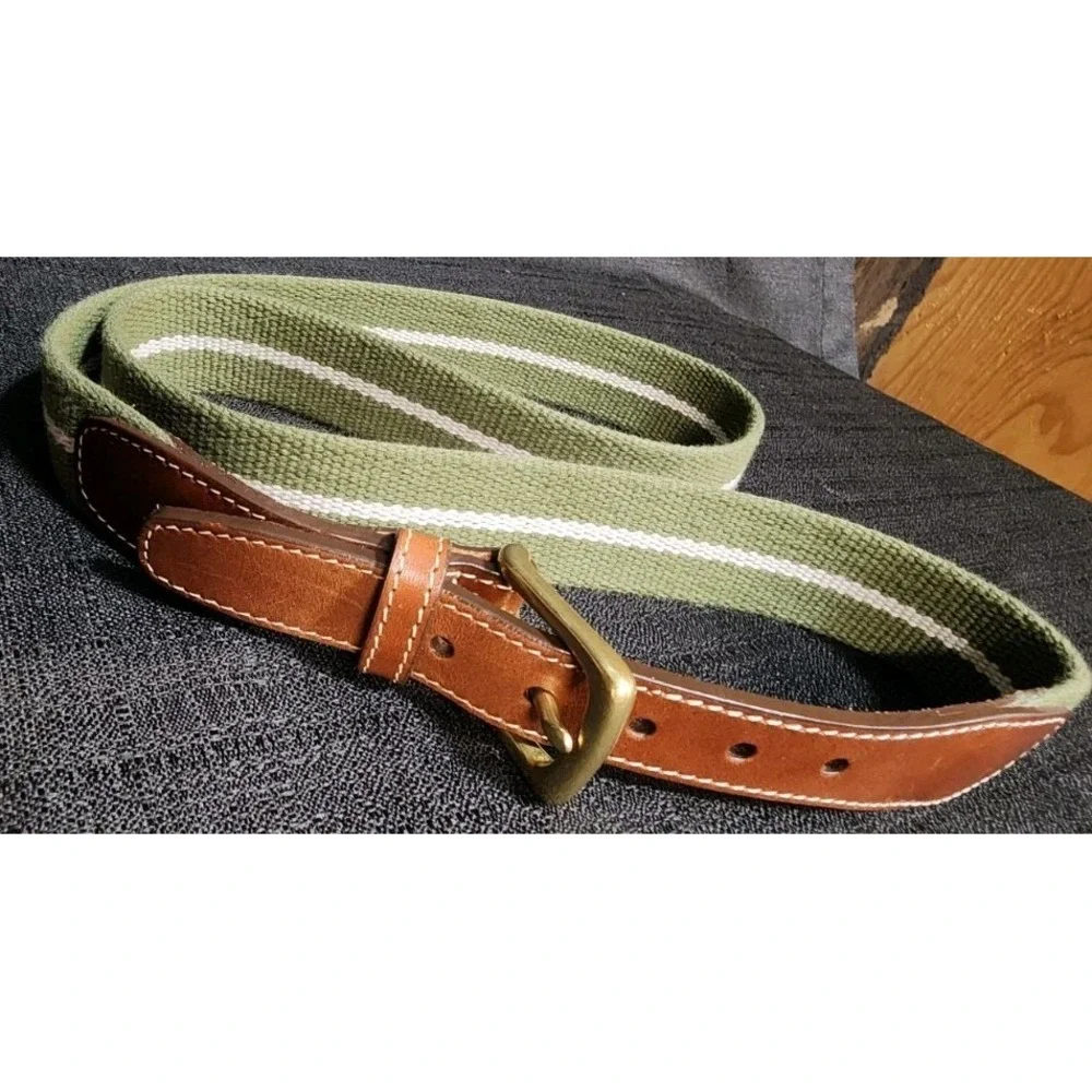Lands End Golf Belt Mens 40‎ Olive Green Canvas Web Leather Brass Buckle Casual